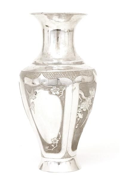 2 Old Chinese Export Silver Vase w Bird - 6