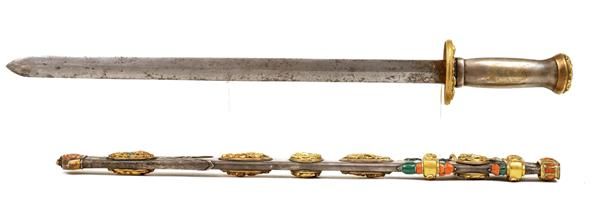 Old Chinese Gilt Silver Sword Dragon Jewel Coral  - 10
