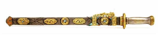 Old Chinese Gilt Silver Sword Dragon Jewel Coral 