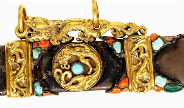 Old Chinese Gilt Silver Sword Dragon Jewel Coral  - 2