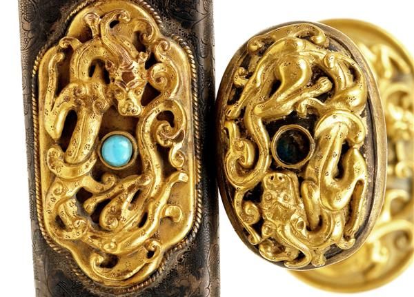 Old Chinese Gilt Silver Sword Dragon Jewel Coral  - 4