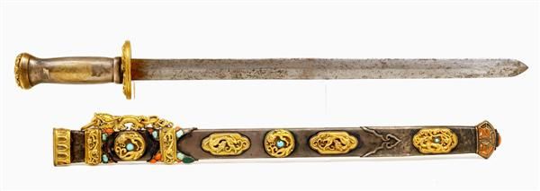 Old Chinese Gilt Silver Sword Dragon Jewel Coral  - 7