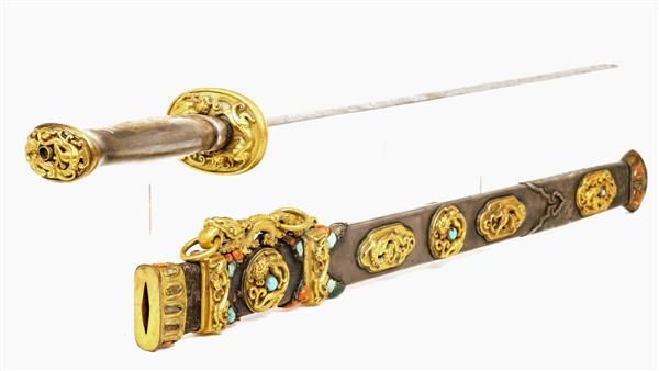 Old Chinese Gilt Silver Sword Dragon Jewel Coral  - 8