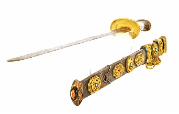 Old Chinese Gilt Silver Sword Dragon Jewel Coral  - 9