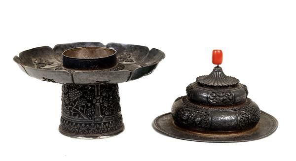 19C Tibetan Tibet Cover Bowl & Stand Coral Top