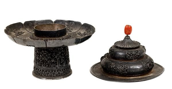 19C Tibetan Tibet Cover Bowl & Stand Coral Top - 4