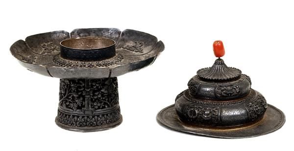 19C Tibetan Tibet Cover Bowl & Stand Coral Top - 5