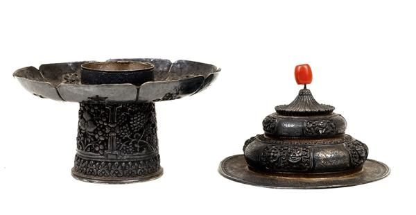 19C Tibetan Tibet Cover Bowl & Stand Coral Top - 6