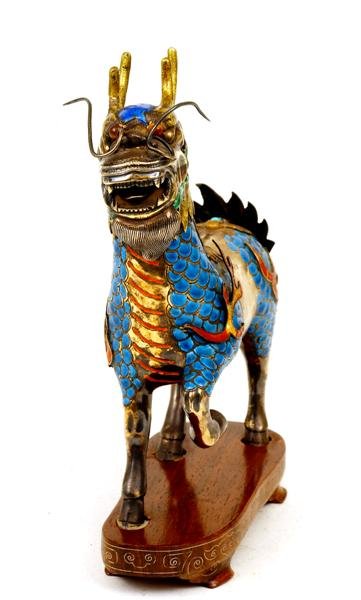 Chinese Enamel Silver Dragon Kilin w Jewel  - 10
