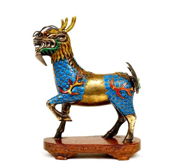 Chinese Enamel Silver Dragon Kilin w Jewel 