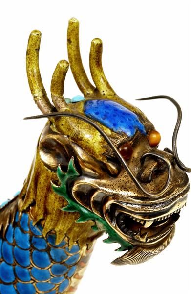Chinese Enamel Silver Dragon Kilin w Jewel  - 2