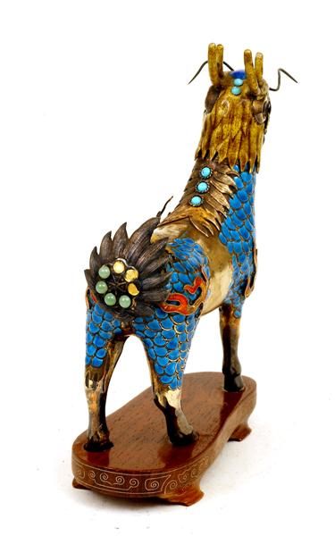Chinese Enamel Silver Dragon Kilin w Jewel  - 7