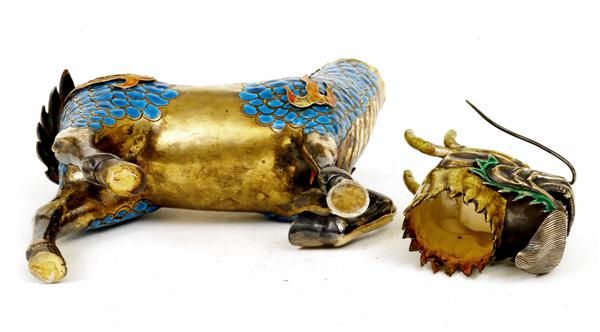 Chinese Enamel Silver Dragon Kilin w Jewel  - 8