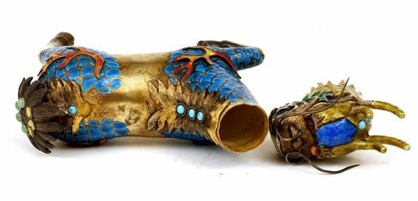 Chinese Enamel Silver Dragon Kilin w Jewel  - 9