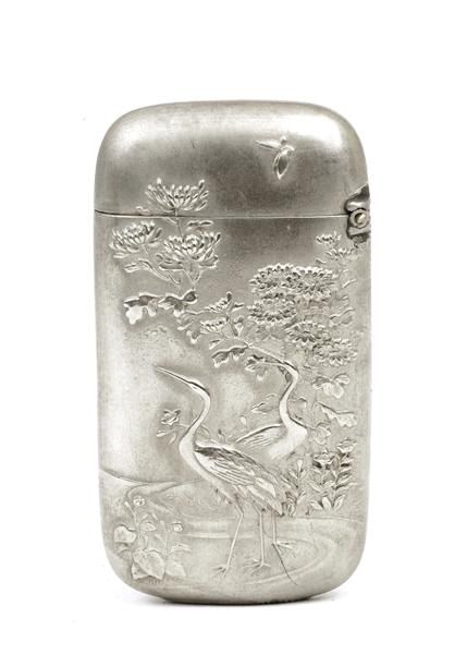 Japanese Silver Match Safe Case Crane & Flower