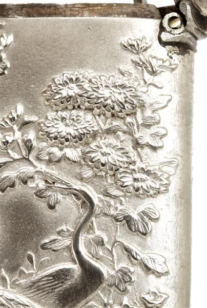 Japanese Silver Match Safe Case Crane & Flower - 3