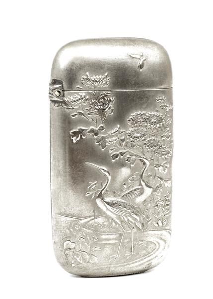 Japanese Silver Match Safe Case Crane & Flower - 4