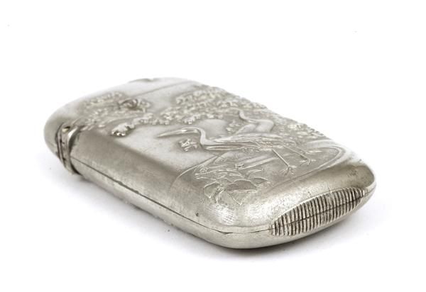 Japanese Silver Match Safe Case Crane & Flower - 5