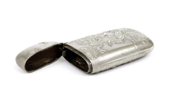 Japanese Silver Match Safe Case Crane & Flower - 6