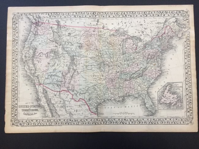 1872 Map of the United States and Territories Together: This is an authentic, antique lithograph map of the United States with territories as well as southern parts of Canada by Samuel Augustus Mitchell Jr. The map was published and entered into the Office