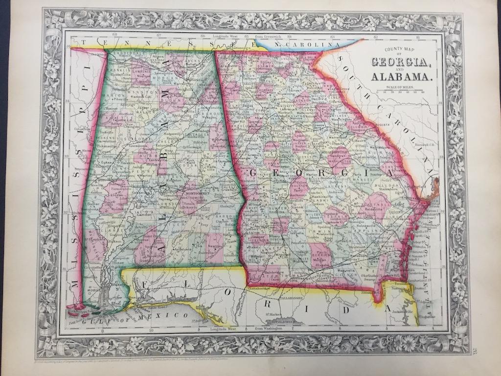 1862 County Map of Georgia and Alabama: This is an authentic, antique lithograph map of Georgia and Alabama by Samuel Augustus Mitchell Jr. The map was published in Philadelphia as part of Mitchell's New General Atlas of 1862. It is color c