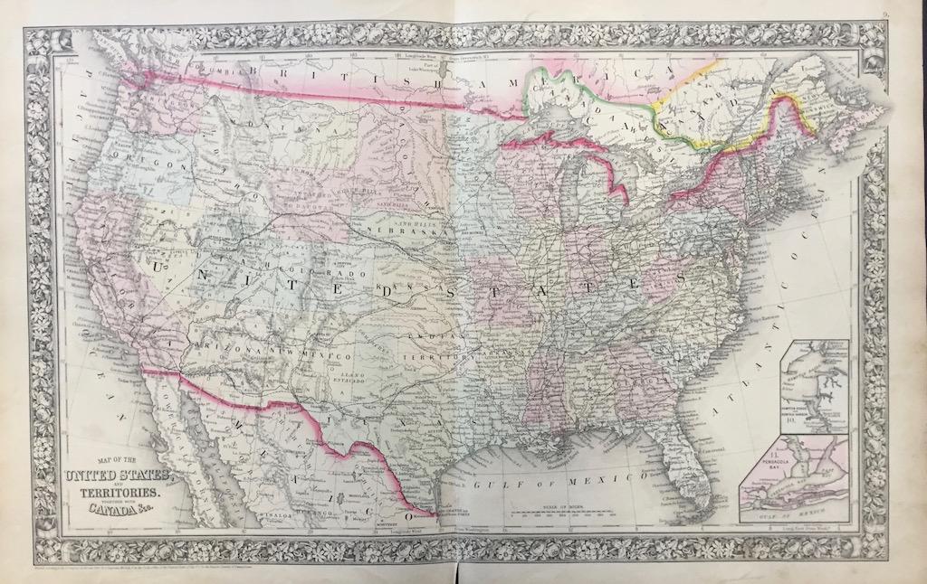 1872 Map of the United States and Territories Together: This is an authentic, antique lithograph map of the United States with itâ€™s territories as well as southern parts of Canada by Samuel Augustus Mitchell Jr. The map was published and entered int