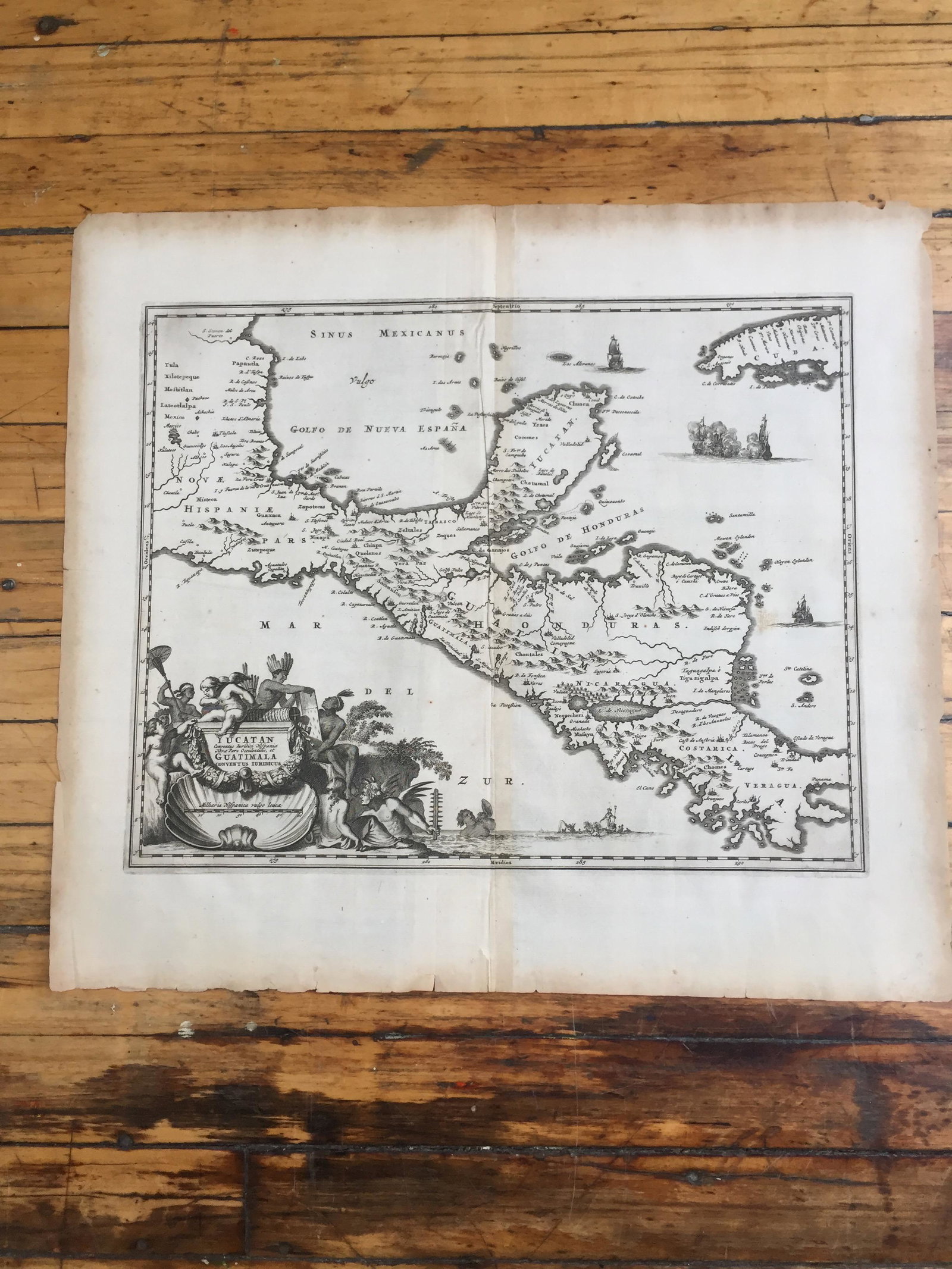 1671 Yucatan Conventus Iuridici HispaniÃ¦ NovÃ¦ Pars: By John Ogilby, London, ca. 1671 28.5 cm x 36 cm Excellent clear print. Paper is darkened at the edges, far from the map margins. Focus is on Central America, extending down from Tampico on the Bay of