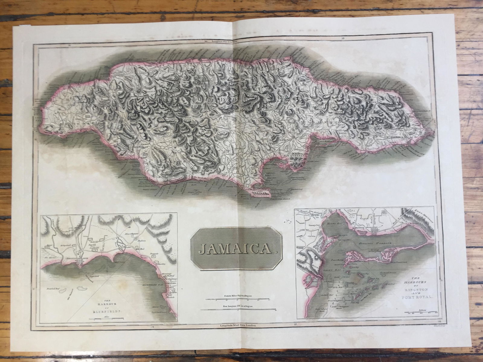 1817 Jamaica: Engraved by Thomas Clerk By John Thomson In Thomsonâ€™s New General Atlas, Edinburgh, 1817 53 cm x 60.5 cm Original color. Good condition. Slight discoloration of paper and light foxing above top