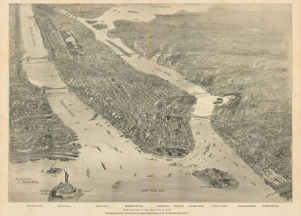 New York Bay, 1897: Birdâ€™s-Eye View of New York City in 1897This small but intensely detailed map of the city of New York depicts a near snapshot of what could be seen from a rare objective-above. With Burroughs a