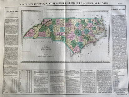 1825 Carte Geographique, Statistique et Historique: By: Jean Alexandre BuchonDate: 1825 (Published) ParisDimensions: 18.5 x 25 inches (47 cm x 64 cm)This antique map is a rare example by Buchon depicting the state of North Carolina by itself, rather