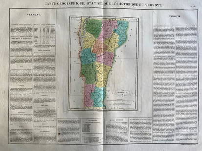 1825 Carte Geographique, Statistique et Historique Du: By: Jean Alexandre BuchonDate: 1825 (Published) ParisDimensions: 18.5 x 25 inches (47 cm x 64 cm)This antique map is a rare example by Buchon depicting the state of Vermont by itself, rather than