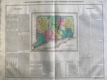 1825 Carte Geographique, Statistique et Historique Du: By: Jean Alexandre BuchonDate: 1825 (Published) ParisDimensions: 18.5 x 25 inches (47 cm x 64 cm)This antique map is a rare example by Buchon depicting the state of Connecticut by itself, rather than