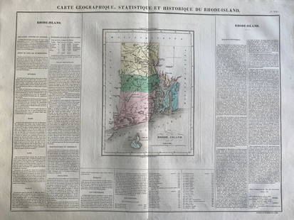 1825 Carte Geographique, Statistique et Historique Du: By: Jean Alexandre BuchonDate: 1825 (Published) ParisDimensions: 18.5 x 25 inches (47 cm x 64 cm)This antique map is a rare example by Buchon depicting the state of Rhde Island by itself, rather than