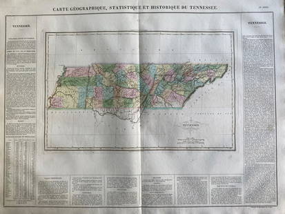 1825 Carte Geographique, Statistique et Historique Du: By: Jean Alexandre BuchonDate: 1825 (Published) ParisDimensions: 18.5 x 25 inches (47 cm x 64 cm)This antique map is a rare example by Buchon depicting the state of Tennessee by itself, rather than