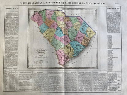 1825 Carte Geographique, Statistique et Historique De: By: Jean Alexandre BuchonDate: 1825 (Published) ParisDimensions: 18.5 x 25 inches (47 cm x 64 cm)This antique map is a rare example by Buchon depicting the state of South Carolina by itself, rather