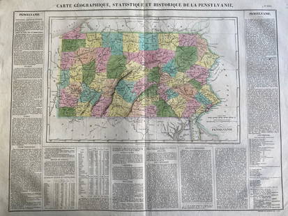 1825 Carte Geographique, Statistique et Historique De: By: Jean Alexandre BuchonDate: 1825 (Published) ParisDimensions: 18.5 x 25 inches (47 cm x 64 cm)This antique map is a rare example by Buchon depicting the state of Pennsylvania by itself, rather than