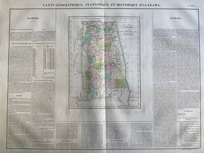 1825 Carte Geographique, Statistique et Historique Du: By: Jean Alexandre BuchonDate: 1825 (Published) ParisDimensions: 18.5 x 25 inches (47 cm x 64 cm)This antique map is a rare example by Buchon depicting the state of Alabama by itself, rather than toge