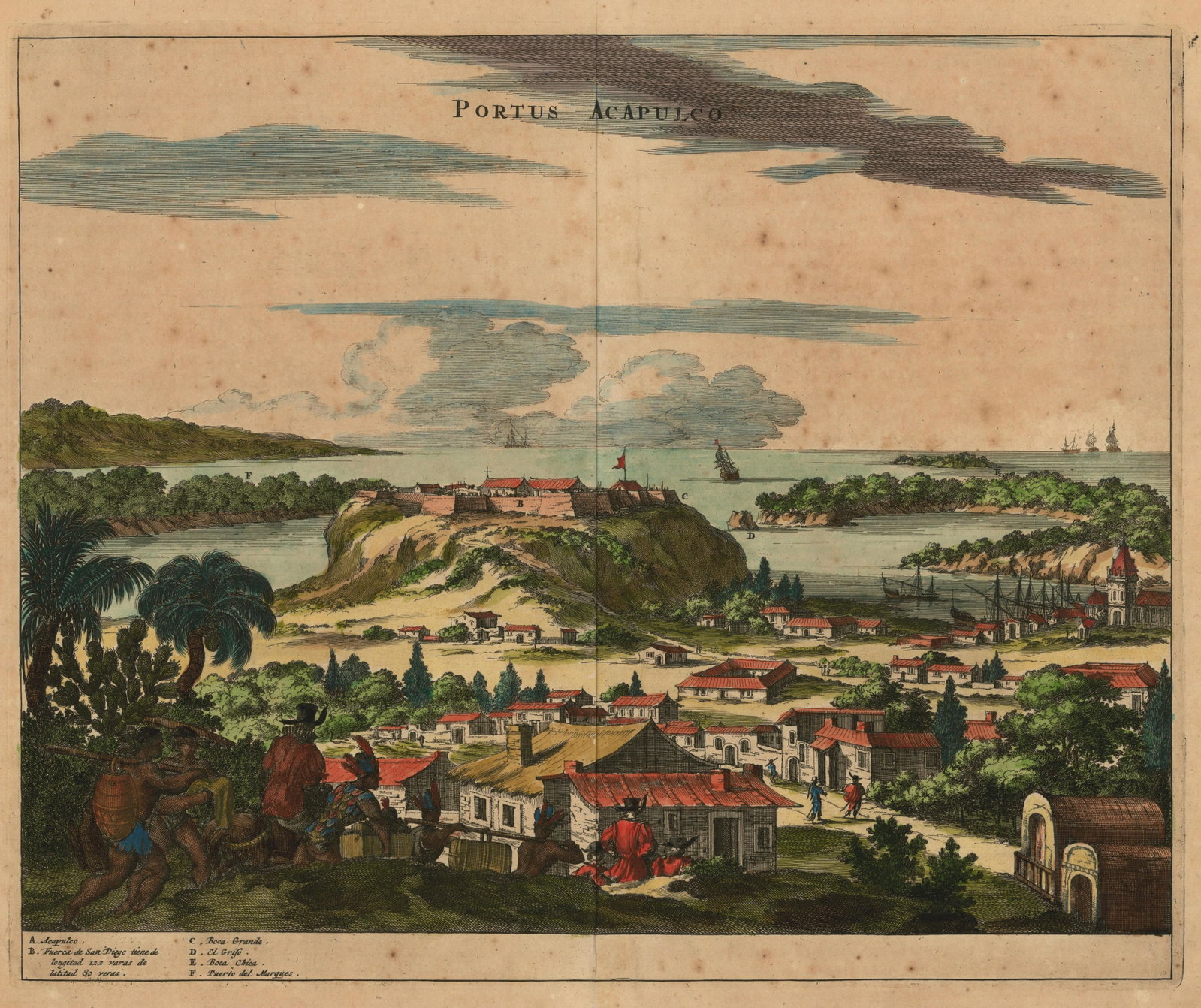 Portus Acapulco, 1671: Portus Acapulco 1671A vivid example of the port/stronghold of Acapulco on the Pacific Coast of Mexico, from Ogilbyâ€™s 1671 atlas. America. In distinct color we see natives and citizens entering 