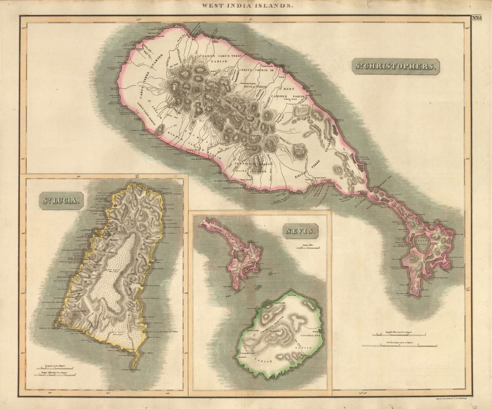 West India Islands €“ St. Christophers / St. Lucia / Nevis: By: John Thompson, 1817 This is a fantastic map of the Islands of St. Christophers St. Kitts, Nevis, and St. Lucia. Each of these islands changed hands between the French and English during the latter