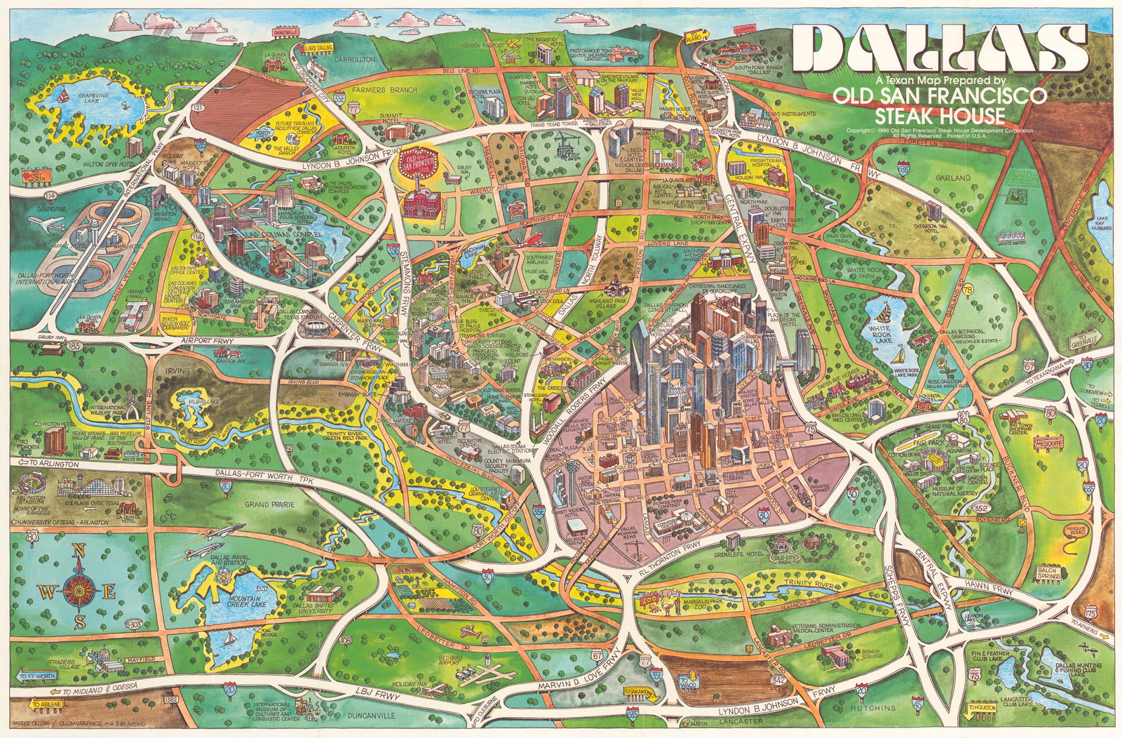Vintage Pictorial Map of Dallas By: Merle Ollom, 1986: By: Merle Ollom, 1986 This is an elaborate pictorial map of Dallas detailing the downtown hub, neighborhoods, lakes, and many freeways that intersect the city. Published in 1986 by the Old San Francis