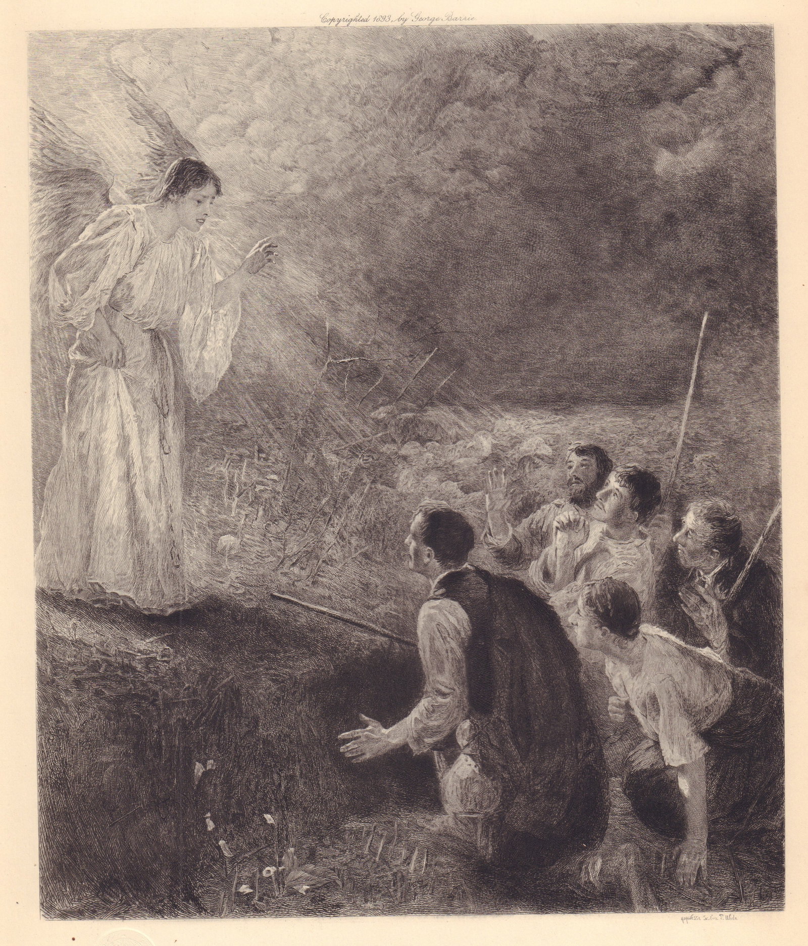 The Announcement to the Shepherds: Painted by Professor Fritz von Udhe Germany Etched by George Henri Manesse An original late 19th century fine art print of a painting by the German artist, Professor Fritz von Udhe, that was on displa