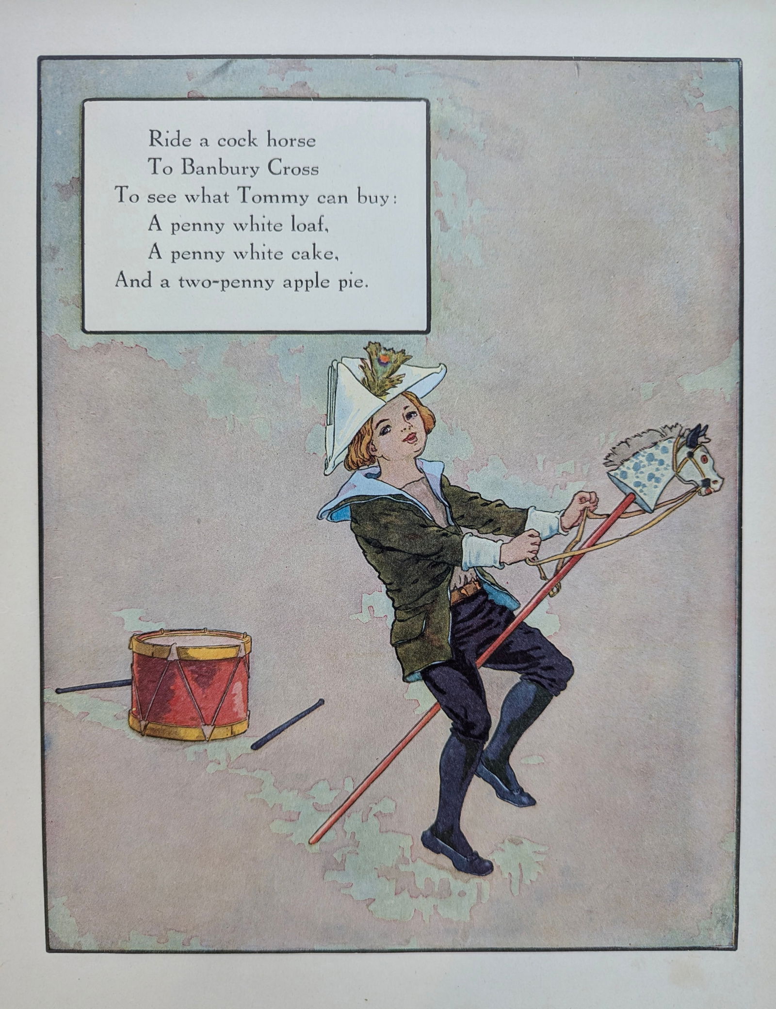 Antique Nursery Rhyme Print "Ride a Cock Horse": By: Warrick Goble, 1912 This beautiful vintage illustration depicts the classic nursery rhyme Ride a Cock Horse. The scene features a young boy riding a hobby horse, dressed in periodstyle clothing, w