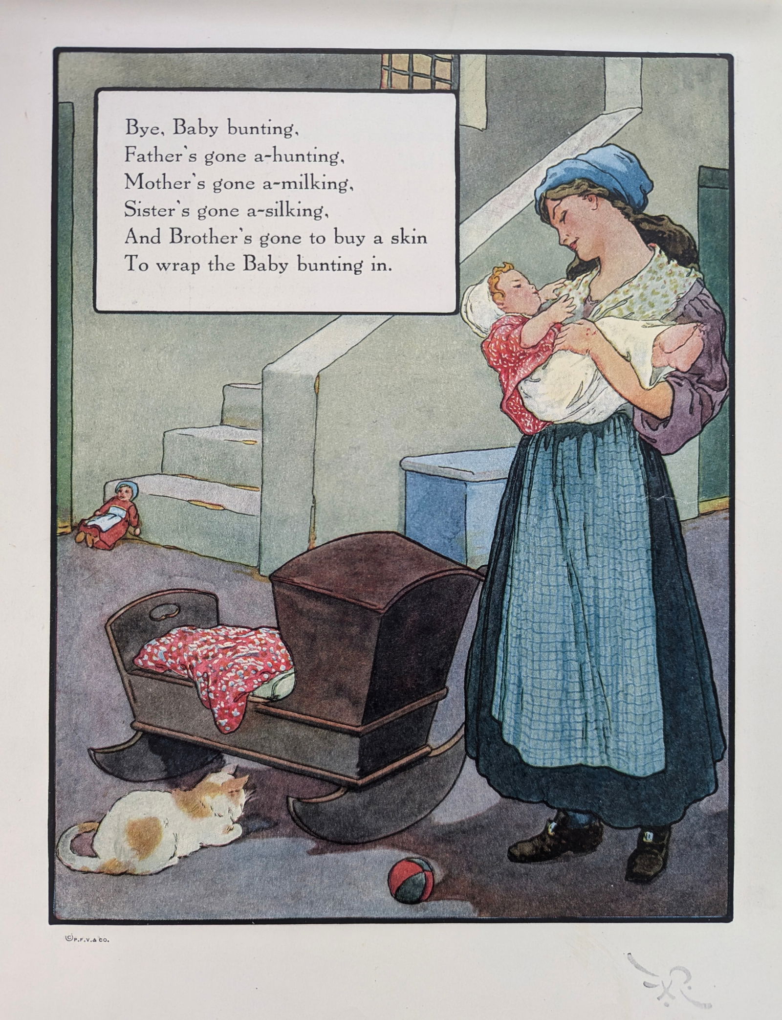 Antique Nursery Rhyme Print "Bye Baby Bunting": By: Arthur Rackham, 1912 This lovely print is an illustration accompanying the traditional nursery rhyme Bye, Baby Bunting. It depicts a domestic scene where the mother is holding a baby wrapped in a