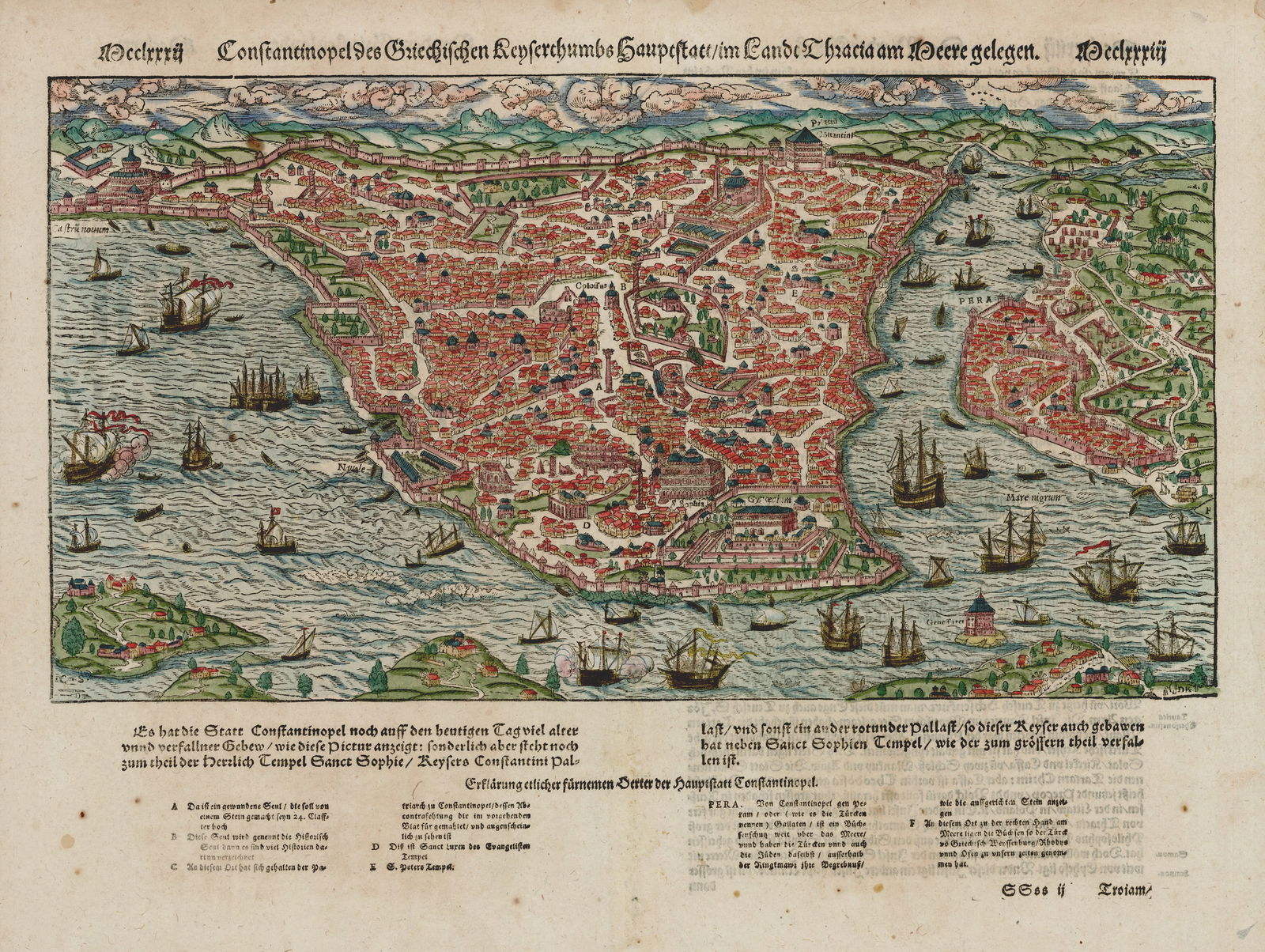 16th Century Bird's-Eye-View Map of Constantinople by: Sebastian Munster, 1570 (1 of 2)
