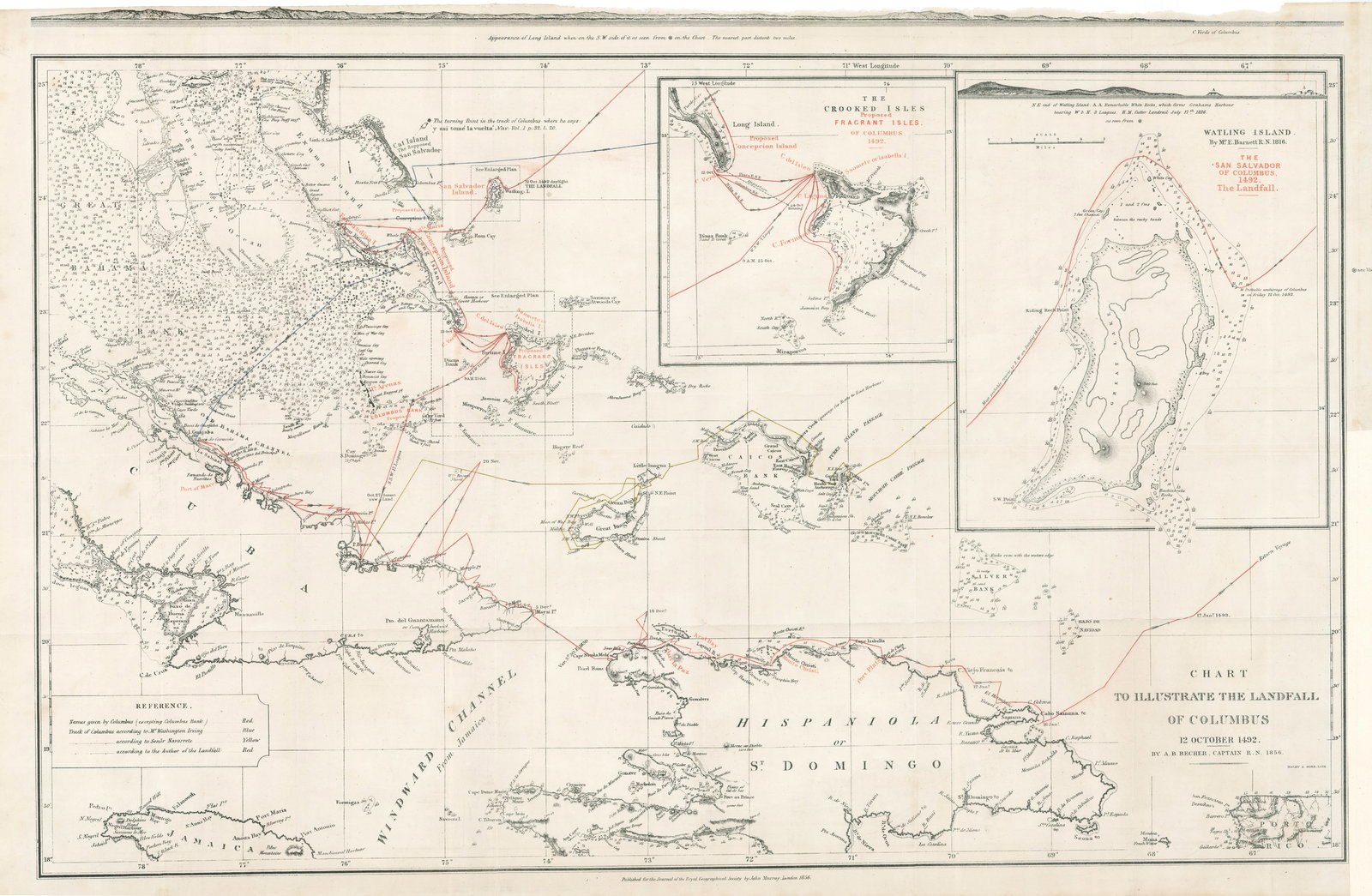 Chart to Illustrate The Landfall of Columbus 12 October 1492.: By: John Murray, 1856 An uncommon map, published by the Royal Geographical Society in 1856, illustrating the tracks of Columbus during his first voyage of to the New World in which he became the first