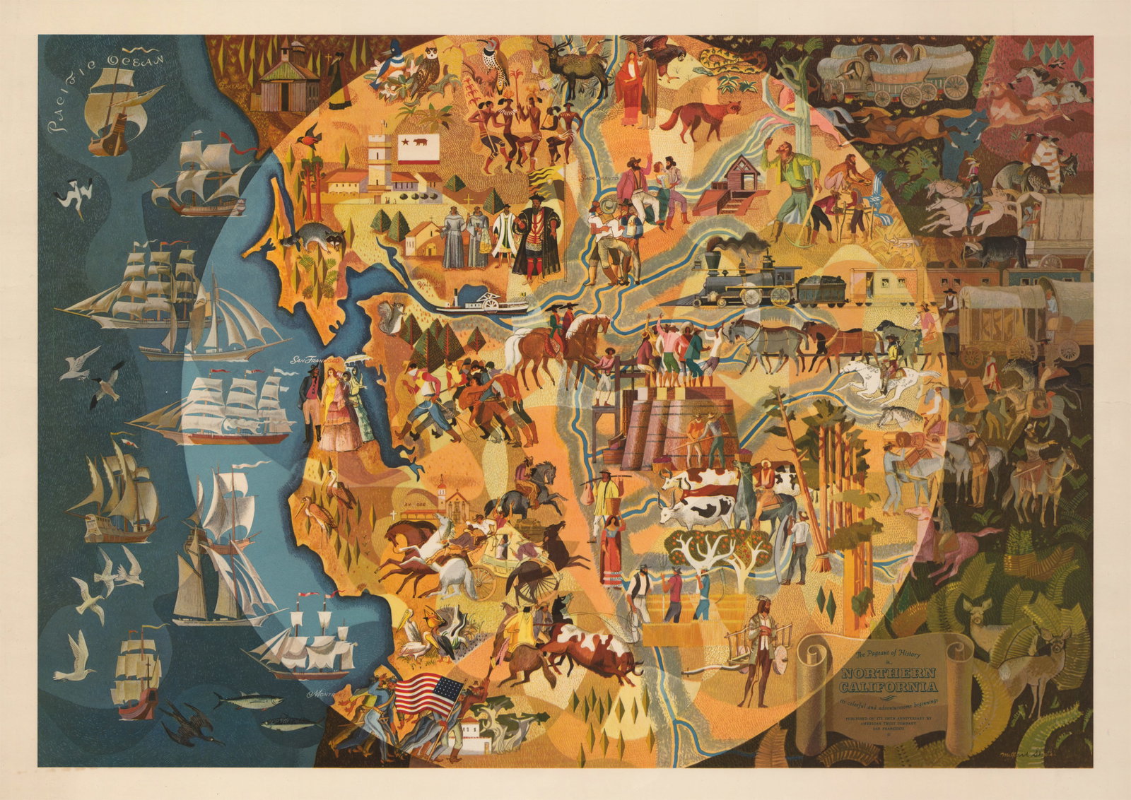 The Pageant of History in Northern California: By: Millard Sheets Date: 1950 (circa) San Francisco Dimensions: 14.75 x 21.25 inches (37.5 cm x 54 cm) At the time Millard Sheets was commissioned to do this poster he wa