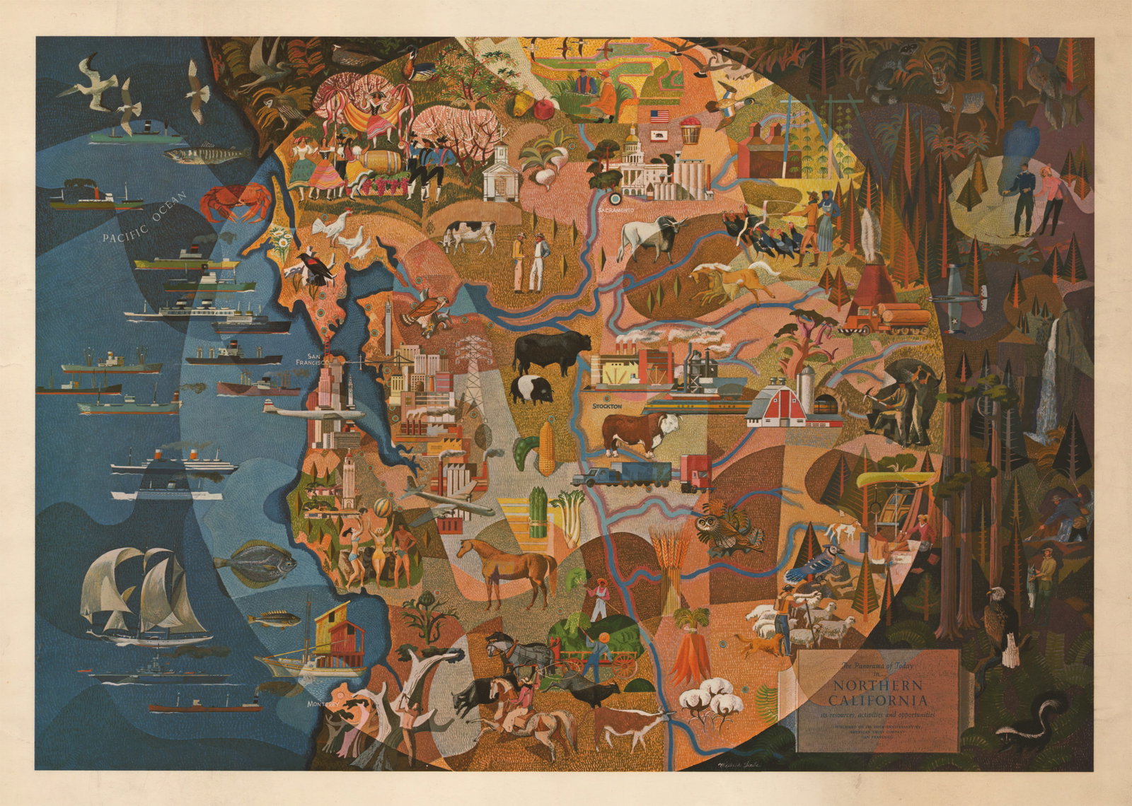 The Panorama of Today in Northern California its Resources, Activities and Opportunities: By: Millard Sheets Date: 1950 (circa) San Francisco Dimensions: 14.75 x 21.5 inches (37.5 cm x 54.6 cm) At the time Millard Sheets was commissioned to do this poster he was known