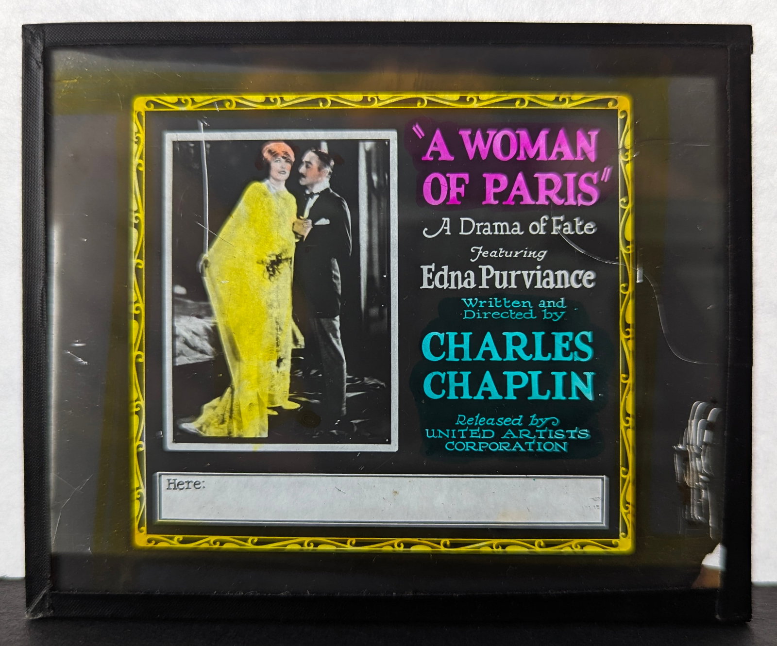 A Woman of Paris - Silent Film Magic Lantern Movie Slide (Charlie Chaplin): A Woman of Paris (also known as A Woman of Paris: A Drama of Fate) is a 1923 silent drama film written, produced, directed by Charlie Chaplin. It stars Edna Purviance as the title character, along wit