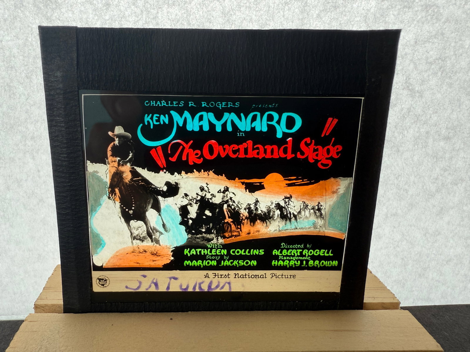 The Overland Stage - Silent Film Magic Lantern Movie Slide: American silent Western film directed by Albert S. Rogell and written by Marion Jackson. The film stars Ken Maynard, Kathleen Collins, Tom Santschi, Sheldon Lewis, Dot Farley, and Florence Turner. The