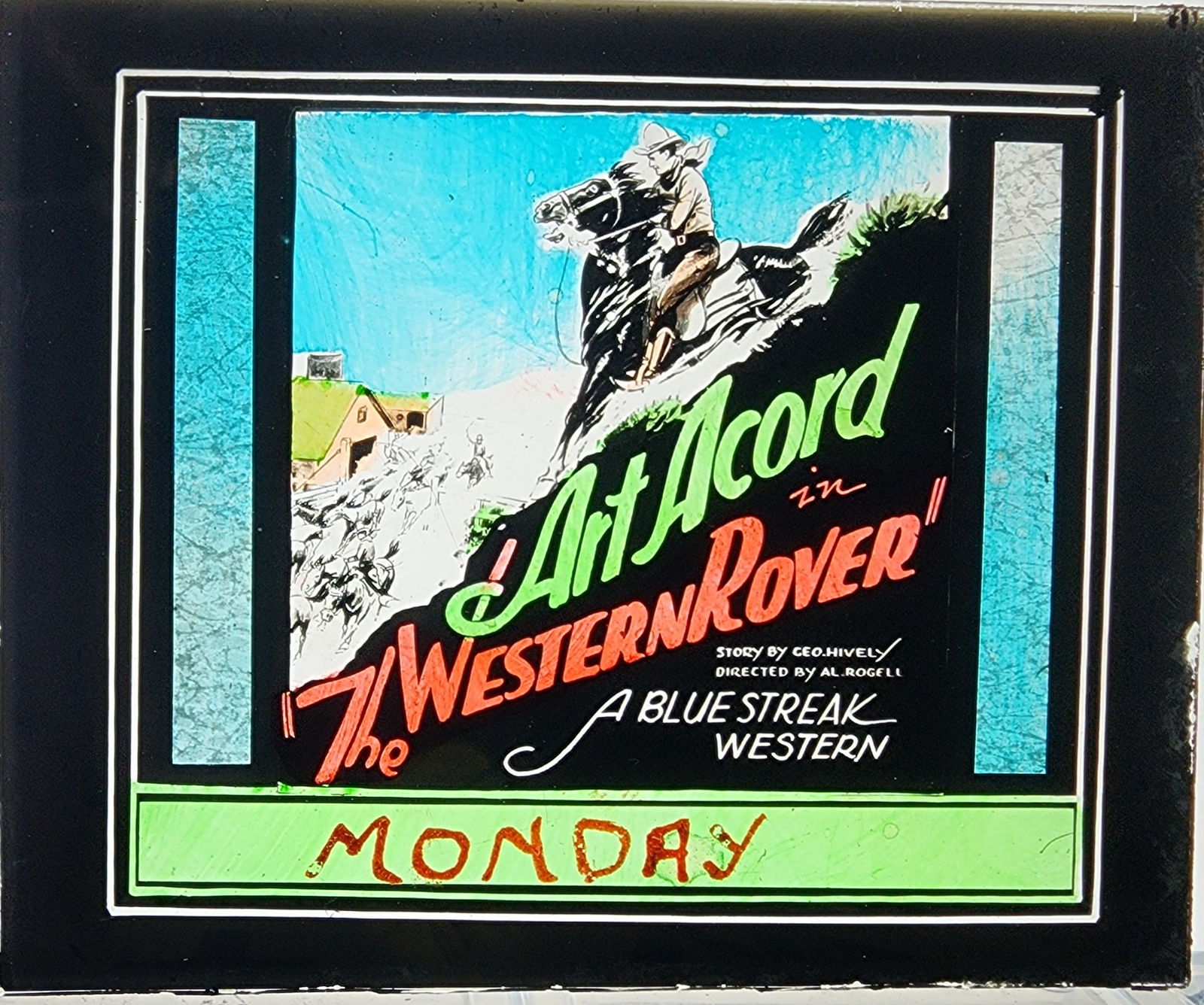 The Western Rover - Silent Film Magic Lantern Movie Slide: The Western Rover is a 1927 American silent Western film directed by Albert S. Rogell and written by George Hively. The film stars Art Acord, Ena Gregory, Charles Avery, William Welsh and Albert J. Sm